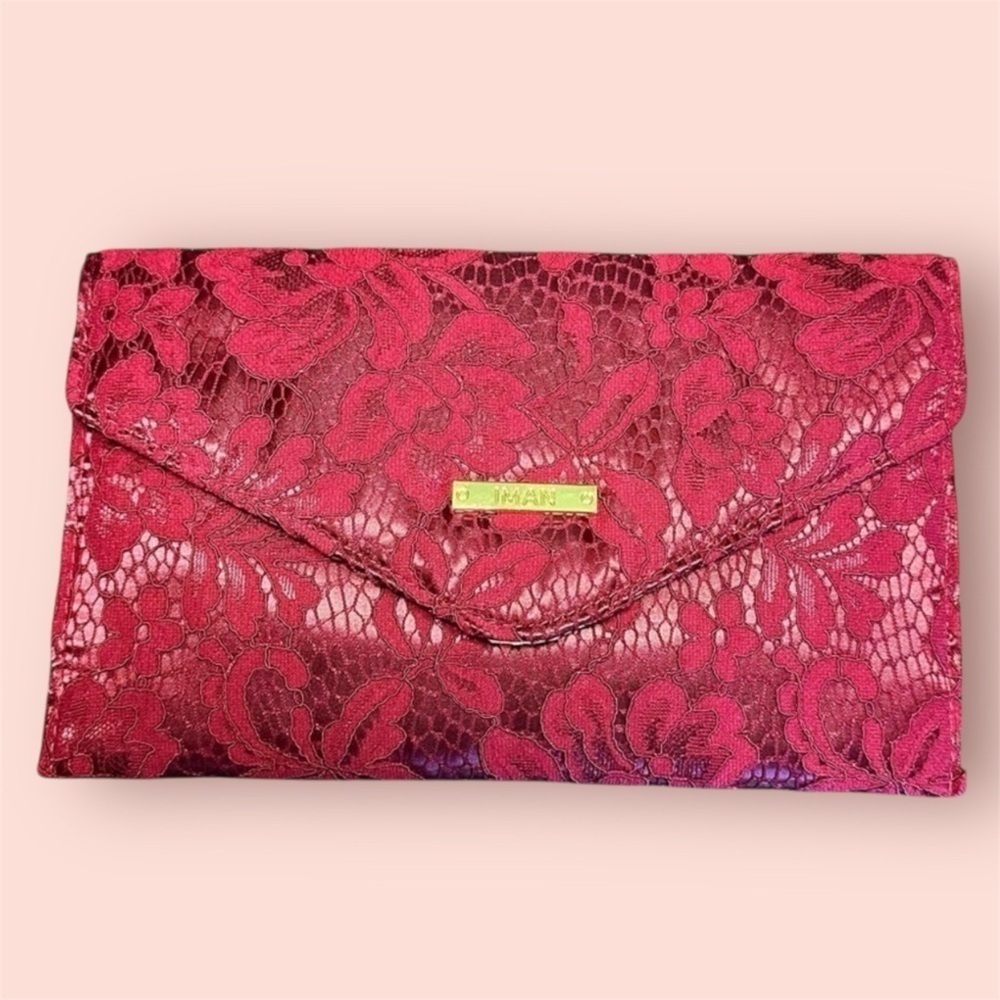 IMAN Burgundy Merlot lace clutch bag